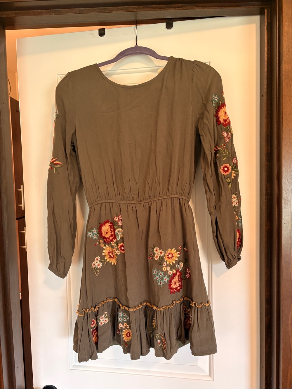 Olive Embroidered Floral Mini Dress with Long Sleeves